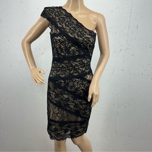 Bebe Women’s size Small Black One Shoulder Lace Overlay Lined Dress - Picture 2 of 14